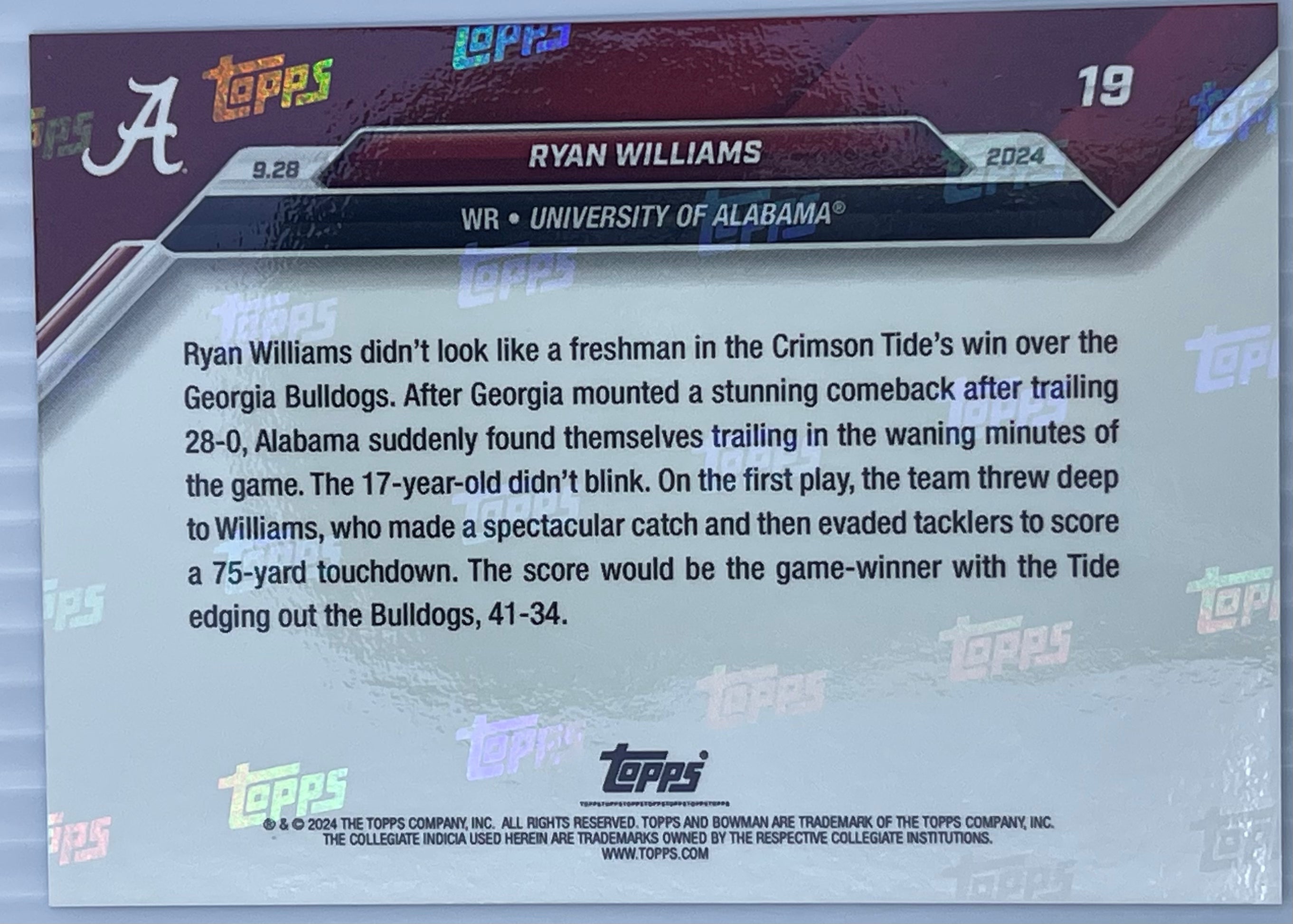 Ryan Williams - 2024 Bowman U NOW® Football Card 19 Alabama - Saturday Smack