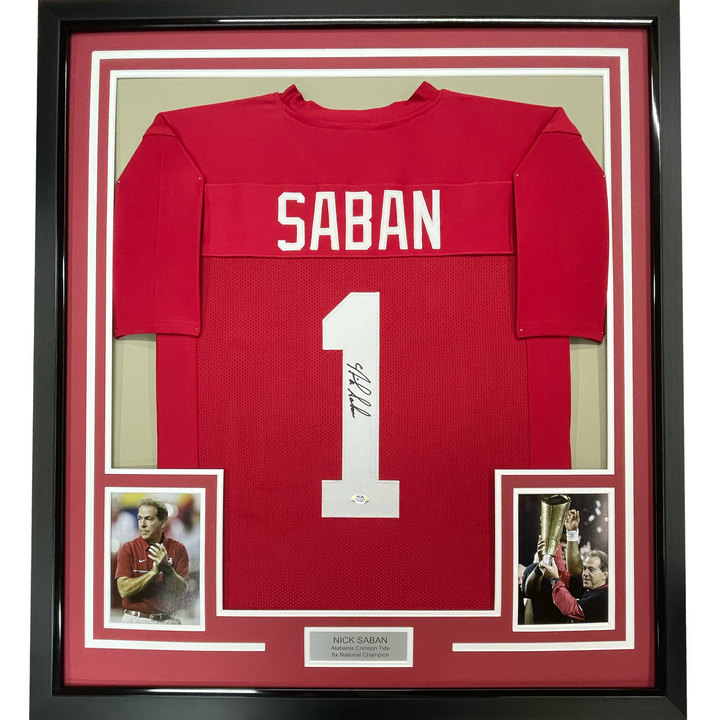 Framed Autographed/Signed Nick Saban 35x39 Alabama Red College Football Jersey PSA/DNA COA - Saturday Smack