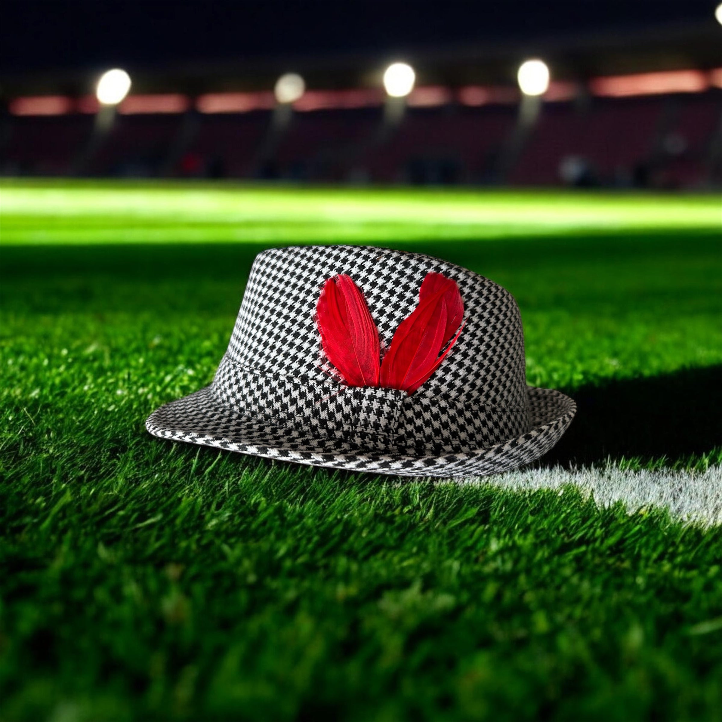Houndstooth hat with red feathers on a sports field at night